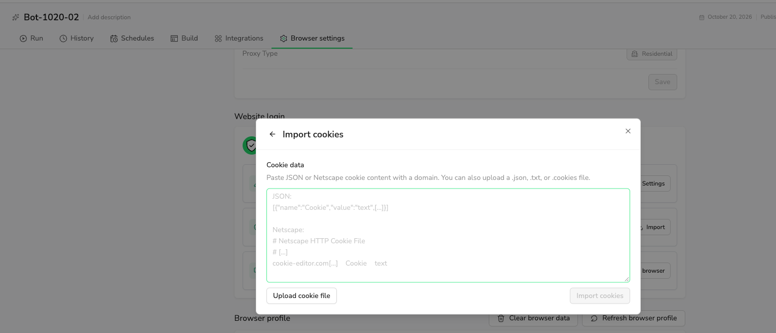 The Import cookies dialog with Cookie data and Upload cookie file controls