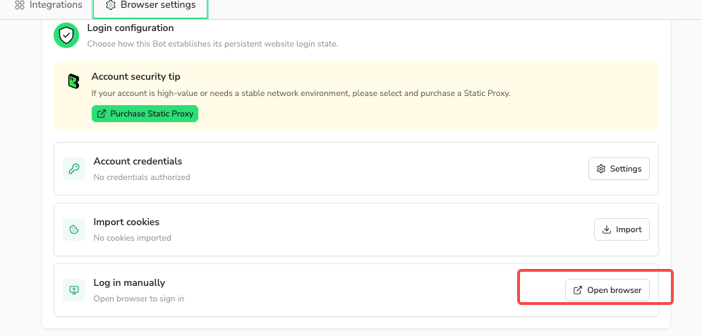 Open browser highlighted on the Log in manually card
