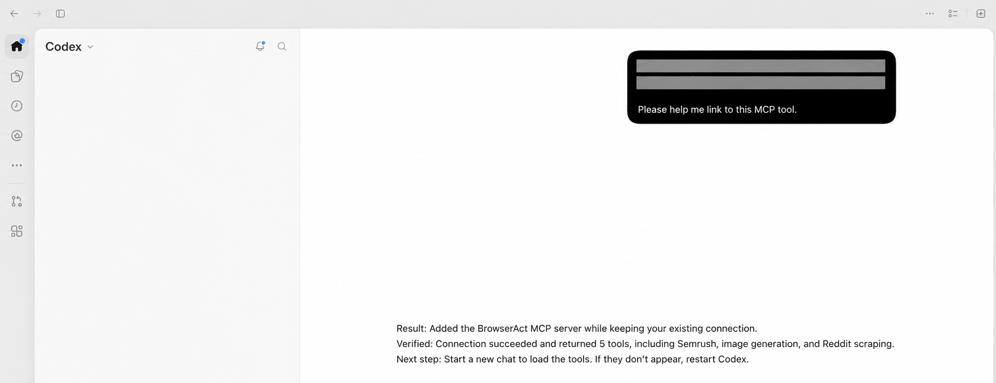 Redacted Codex view of the BrowserAct MCP connection