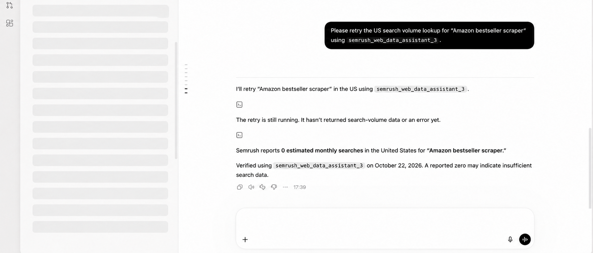 Redacted Codex view of a Semrush search-volume request and response