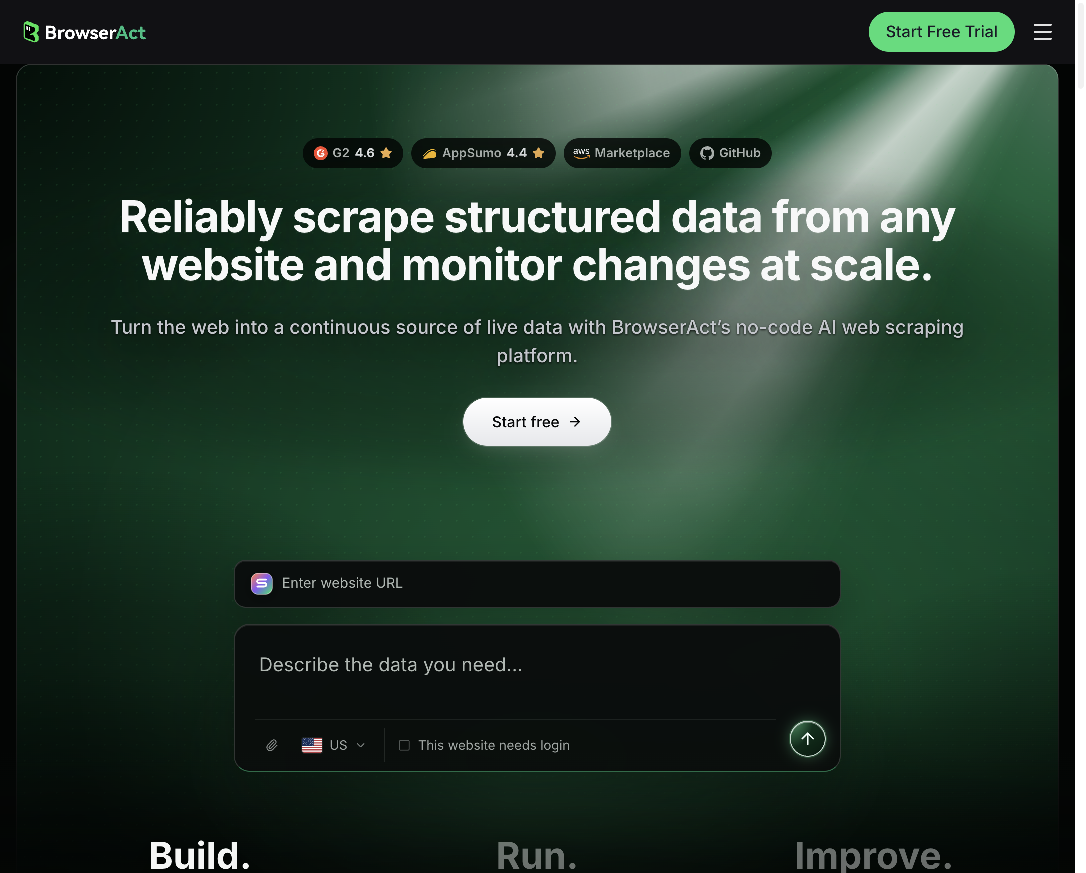 BrowserAct’s current homepage showing its reusable Bot workflow