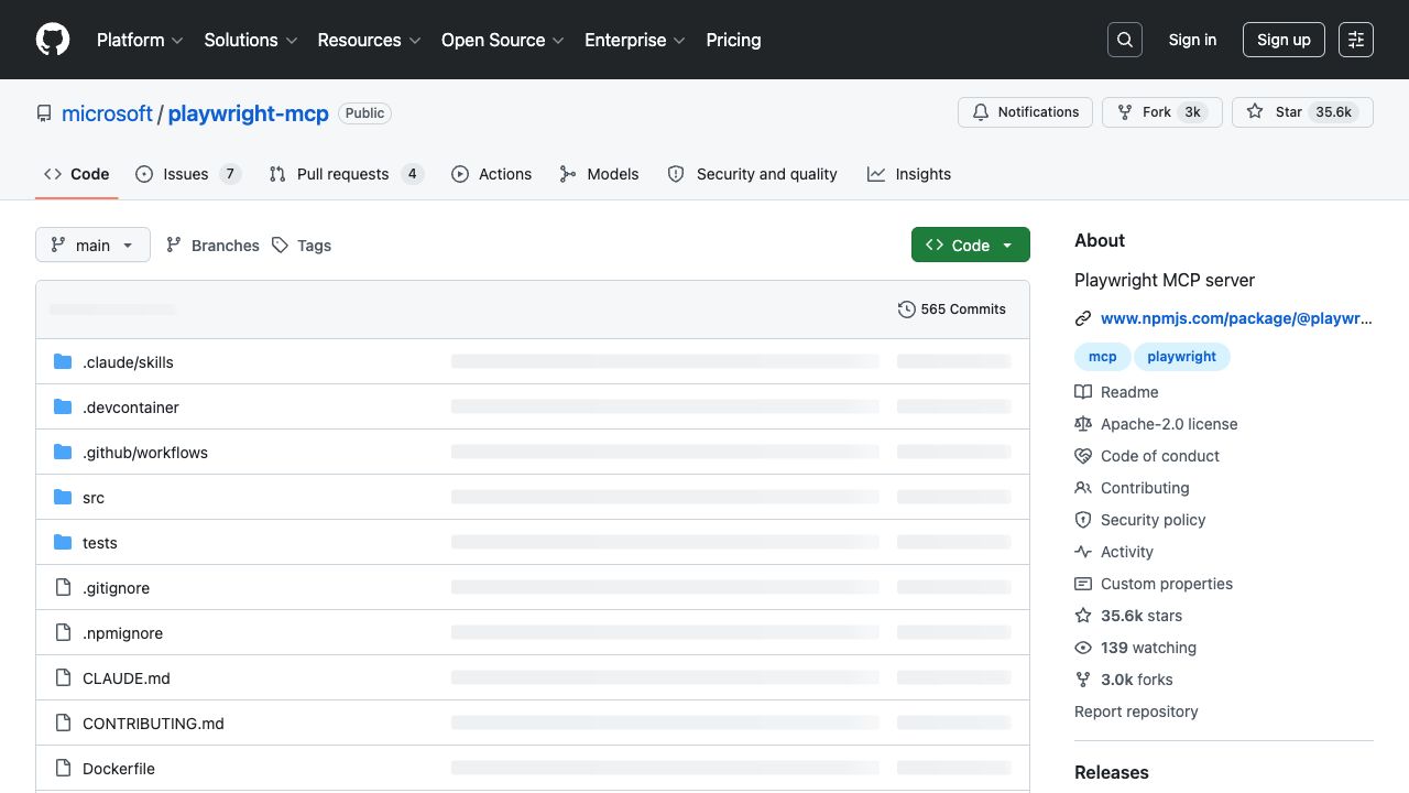 Official Microsoft Playwright MCP GitHub project page