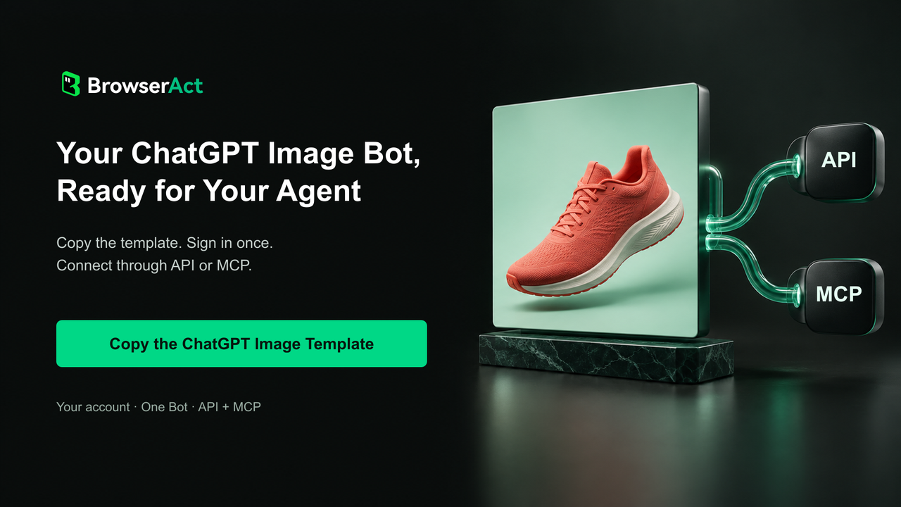 Make your ChatGPT image Bot callable through API or MCP—illustration with a product image and the BrowserAct template button