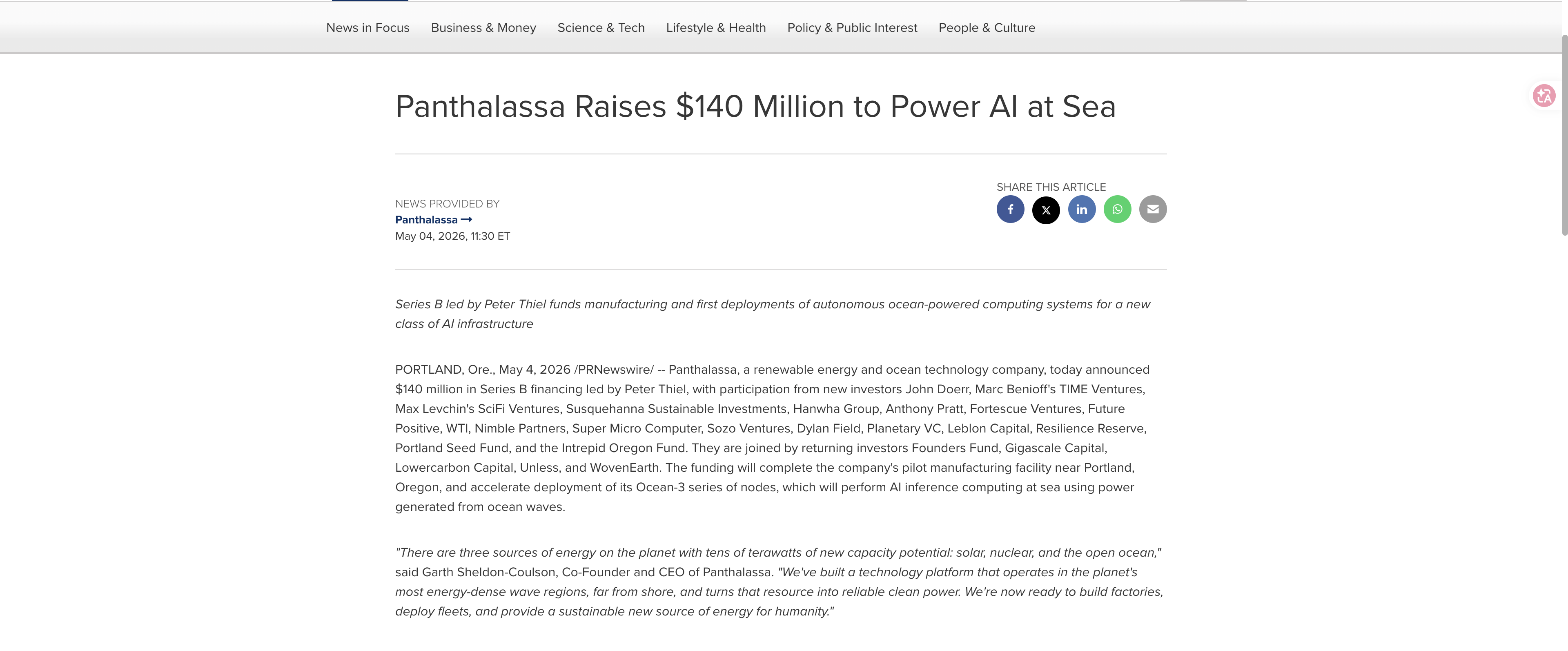 Screenshot of Panthalassa’s May 4, 2026 Series B announcement, showing the $140 million headline, company issuer and announcement date.