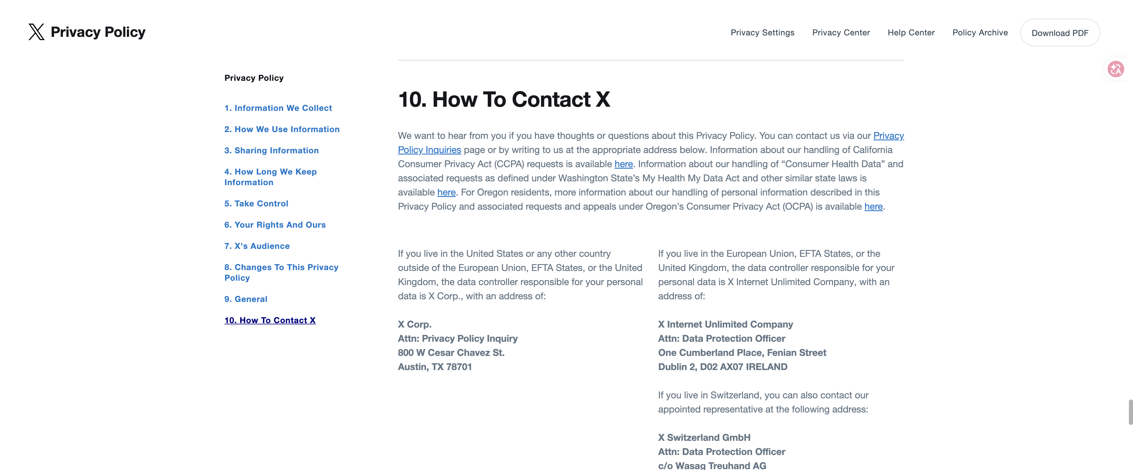 X Privacy Policy contact section showing the Austin and Dublin privacy correspondence addresses.