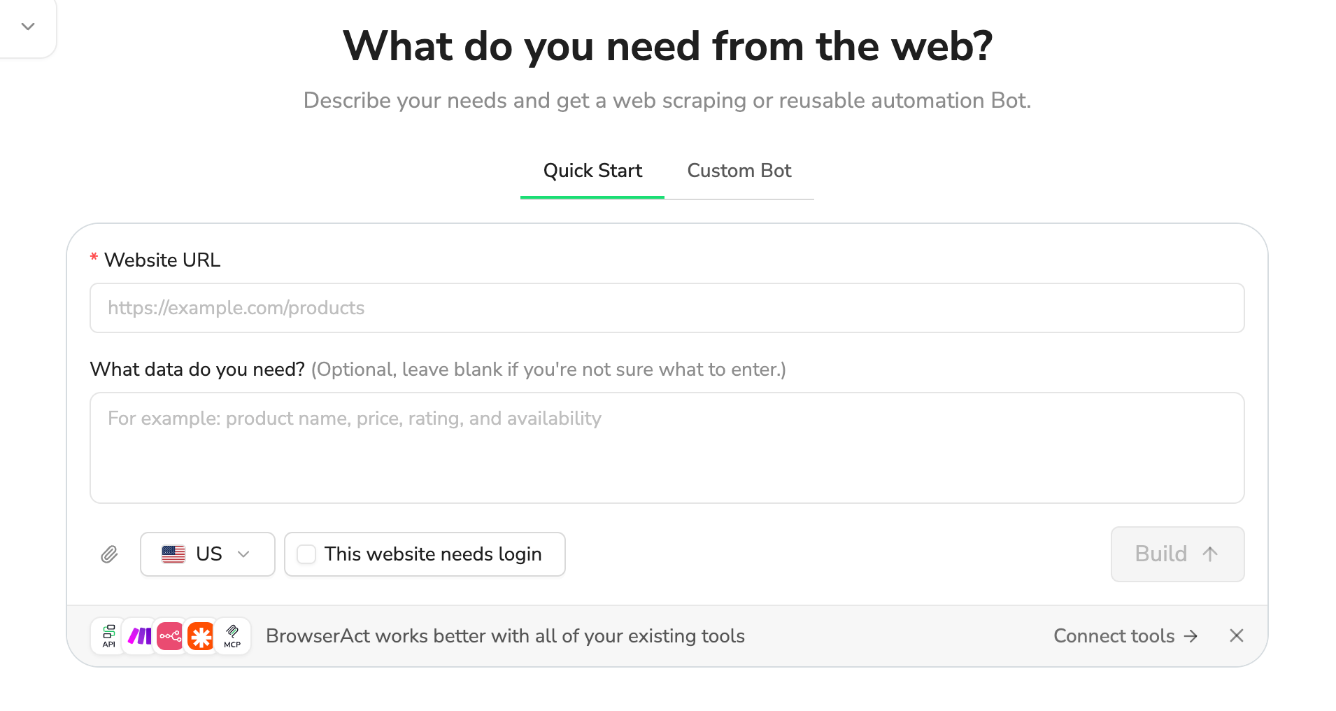 BrowserAct Quick Start form with website URL, data requirements and the login option