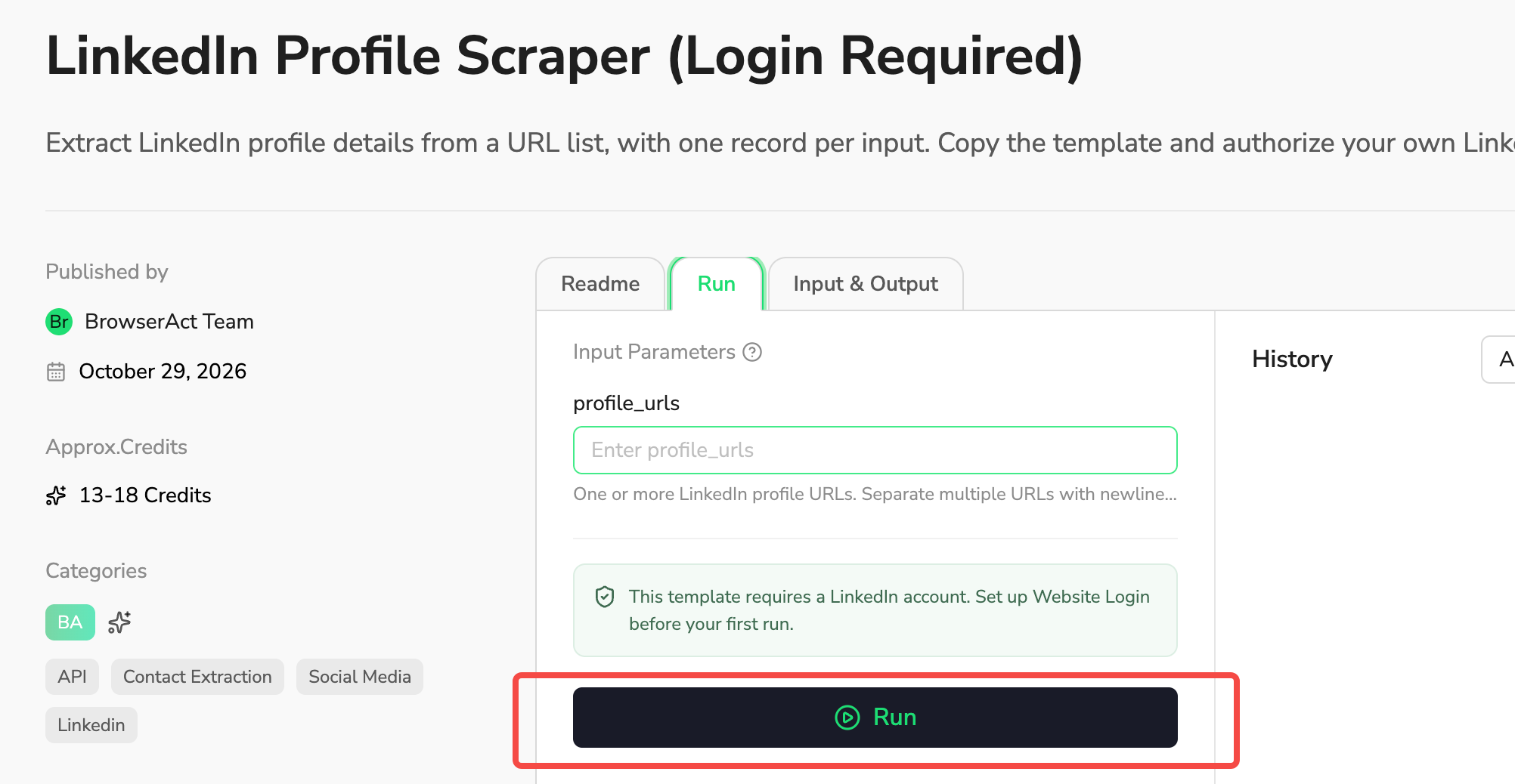 LinkedIn Profile Scraper Run page with the Run button highlighted