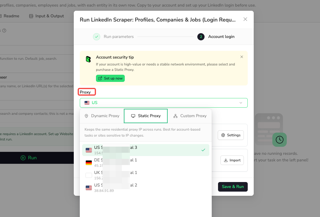 LinkedIn template setup step 3: Choose a Proxy