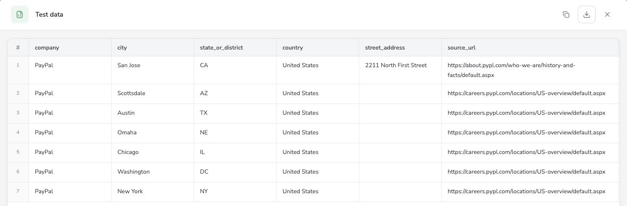 Actual BrowserAct PayPal Bot test preview showing seven US city records