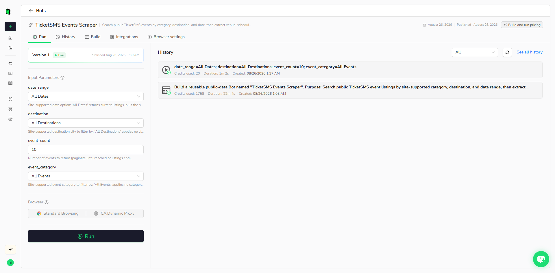 Real BrowserAct run inputs