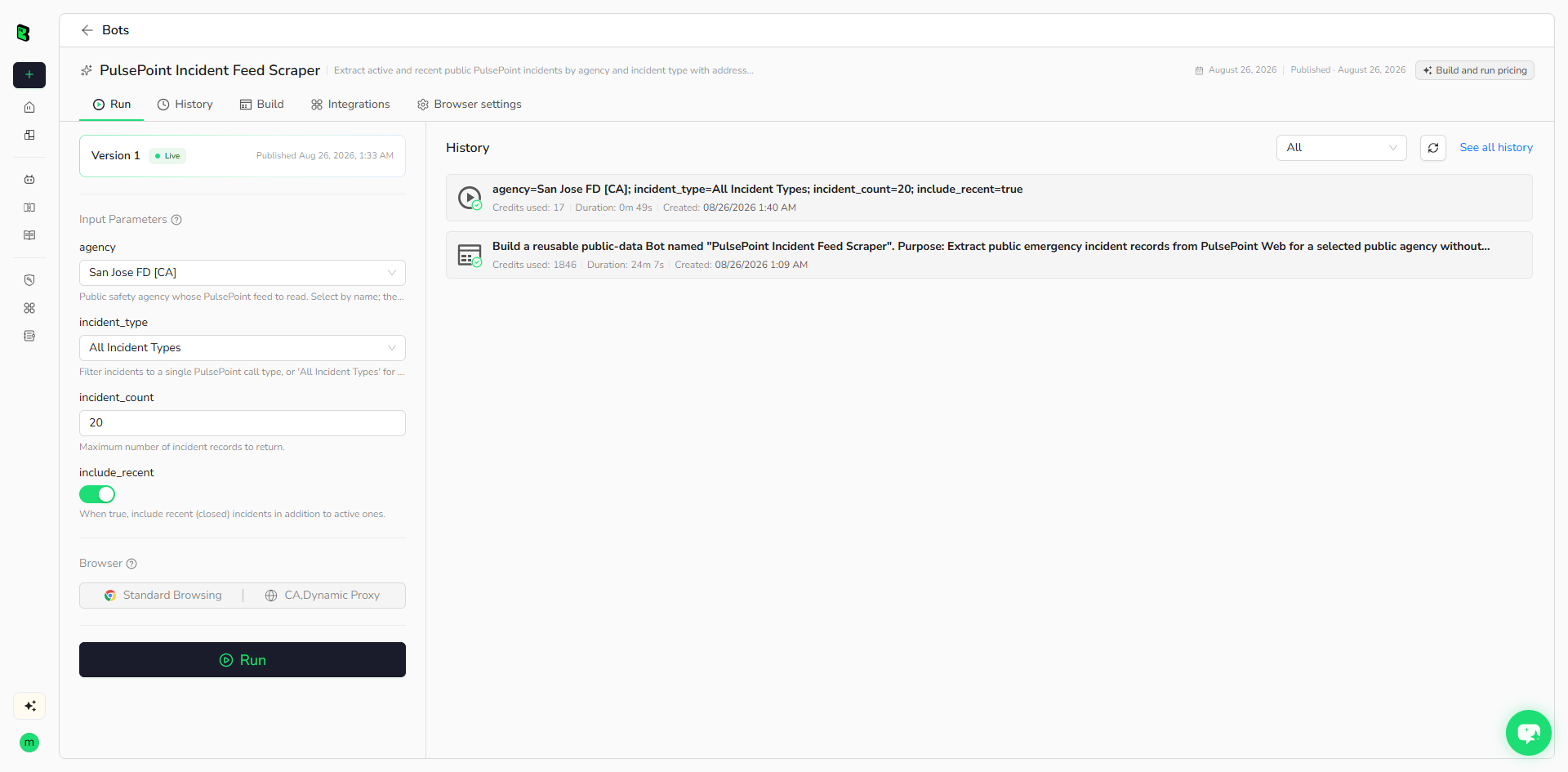 Real BrowserAct run inputs