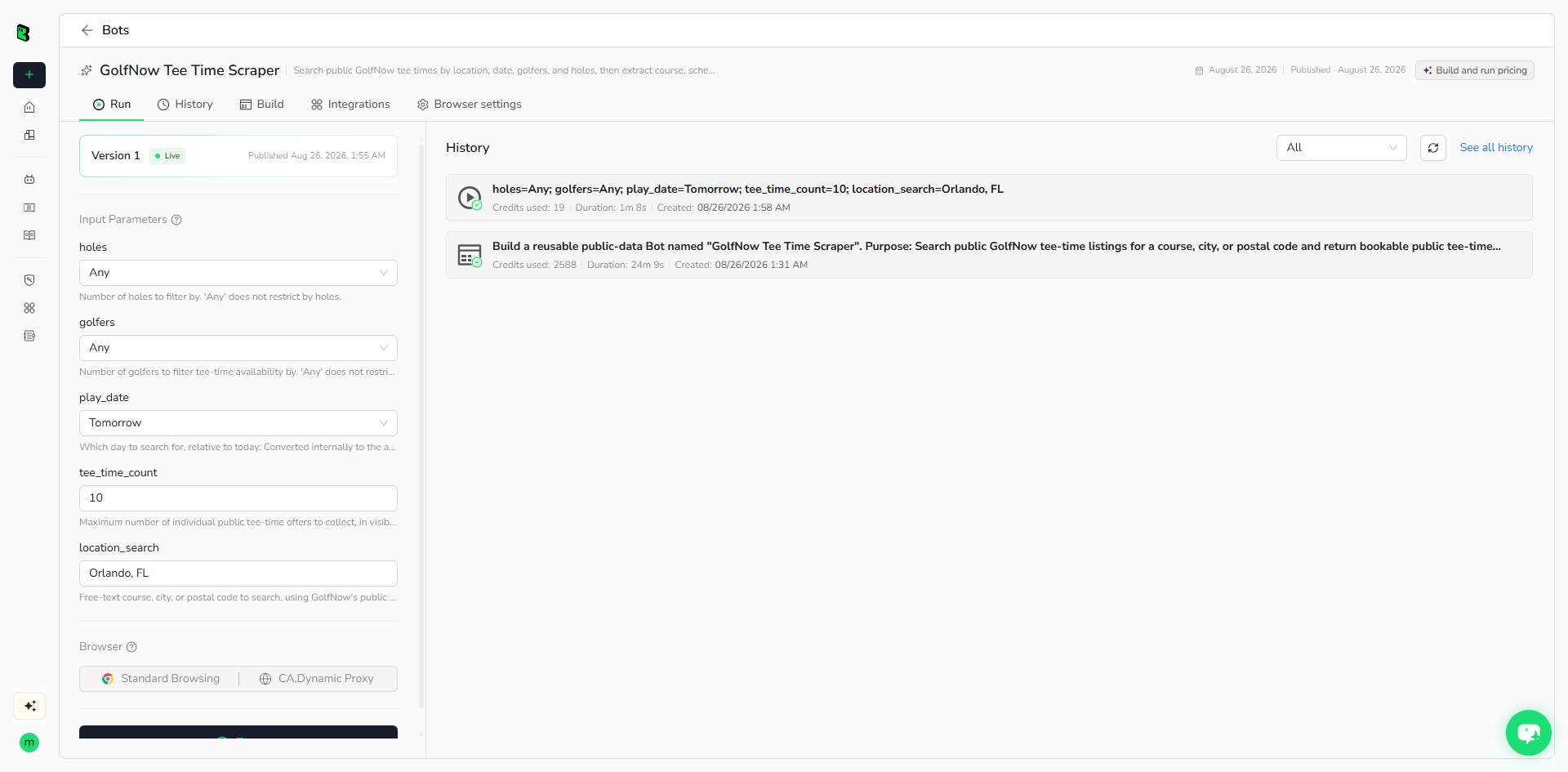 Real BrowserAct run inputs