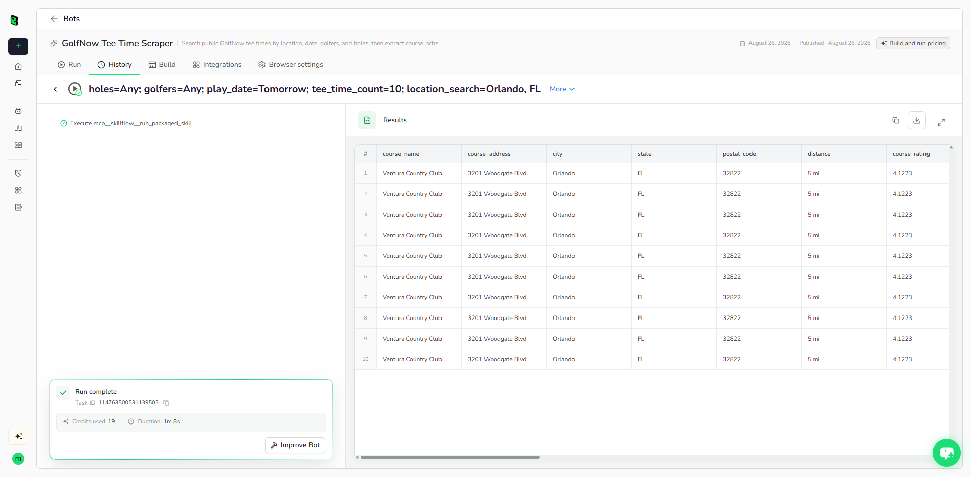 Real BrowserAct GolfNow results
