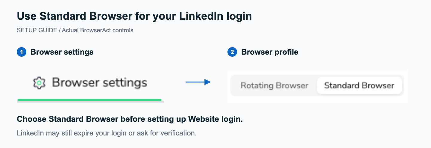 Actual BrowserAct Browser settings tab and the Standard Browser selection control.