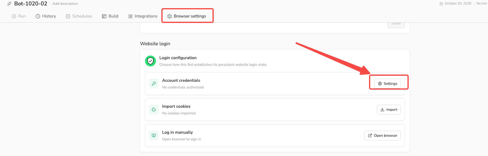 BrowserAct Browser settings showing the three Website login methods.