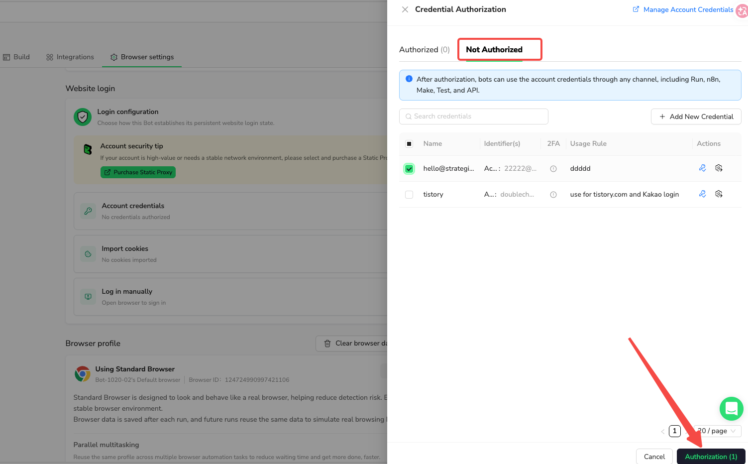 Select the intended credential under Not Authorized, then select Authorization
