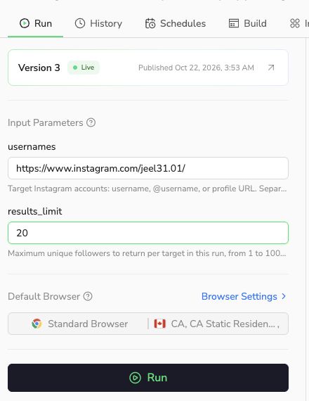 Set usernames and results_limit, check Default Browser, then select Run