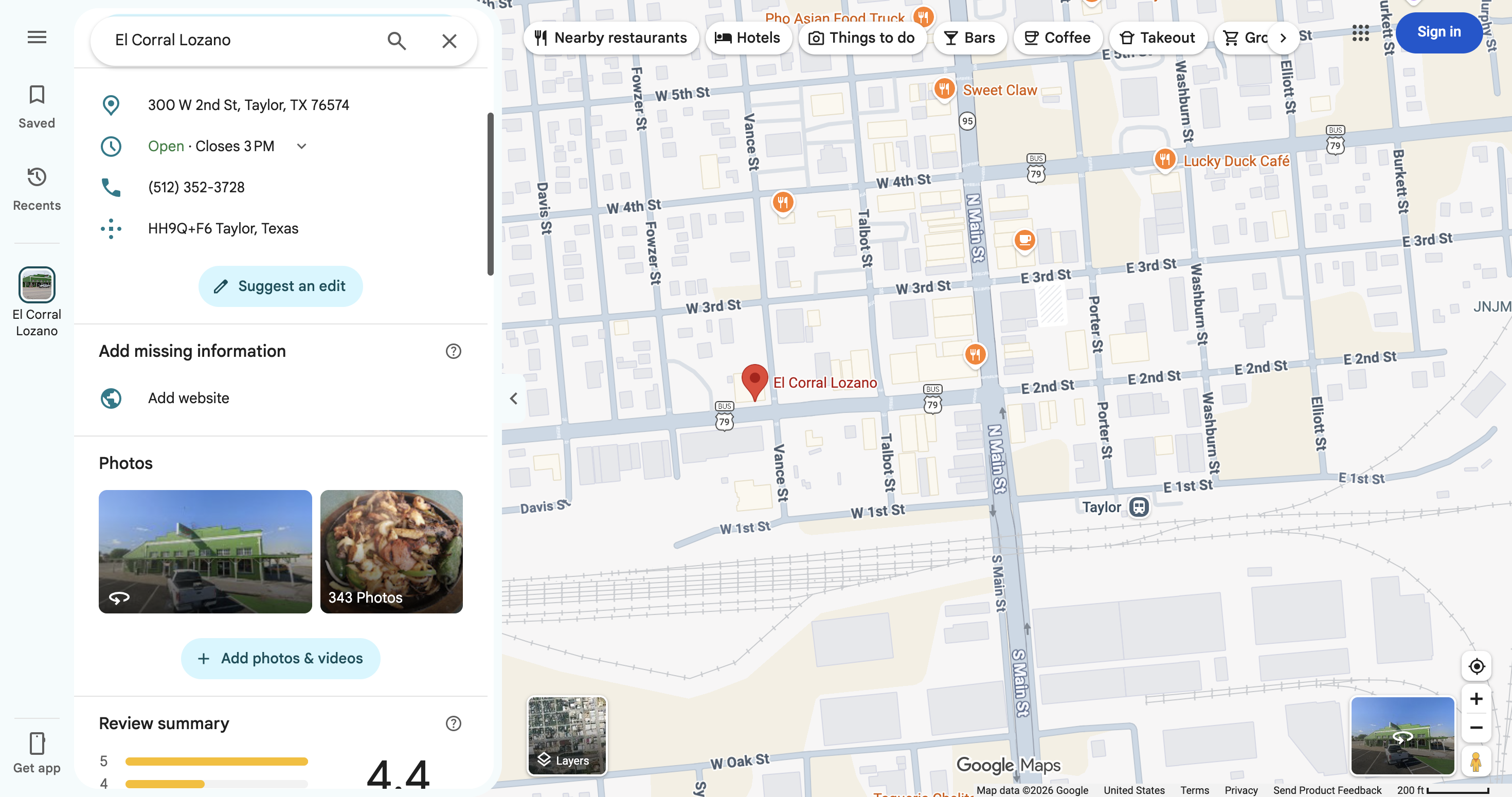 Google Maps business listing showing Add website alongside its public address and phone number