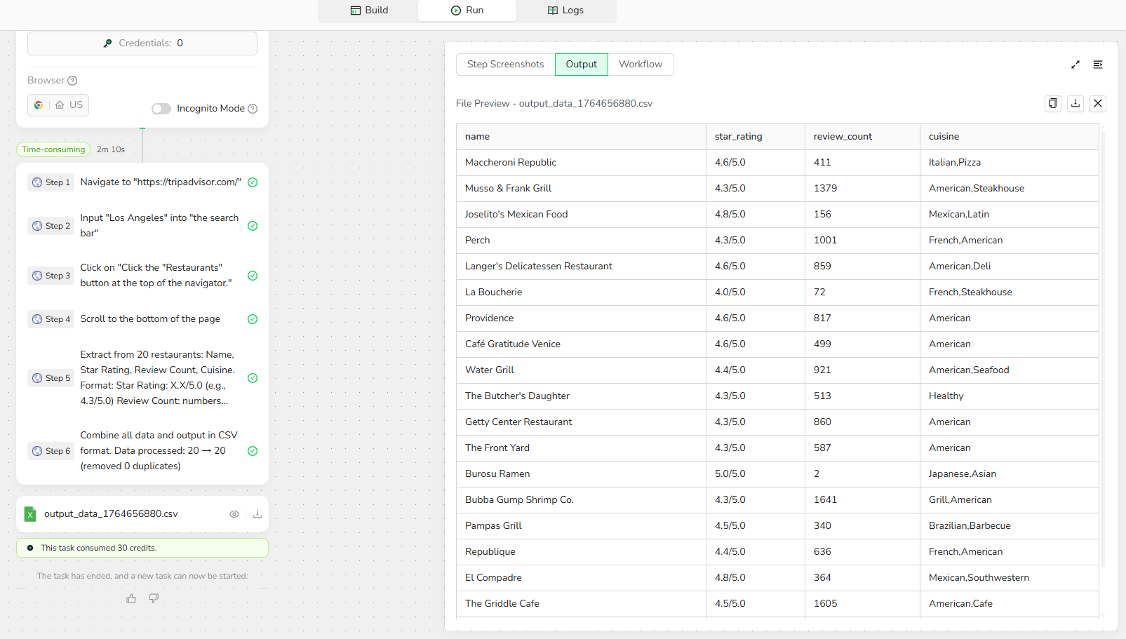 output tripadvisor scraper